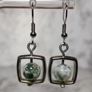Silver and Green Square Frame Earrings